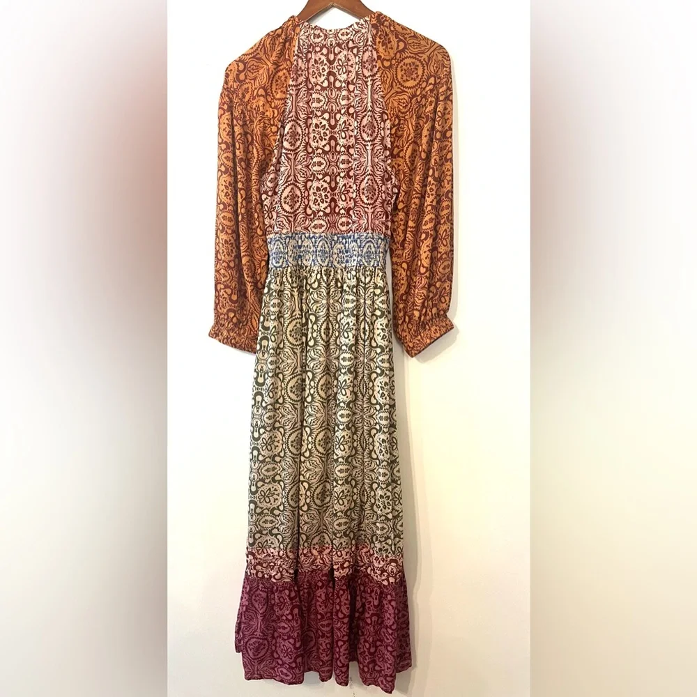 Mahila boho mixed print tiered maxi dress v-neck, smocking festival cottagecore - Picture 10 of 11